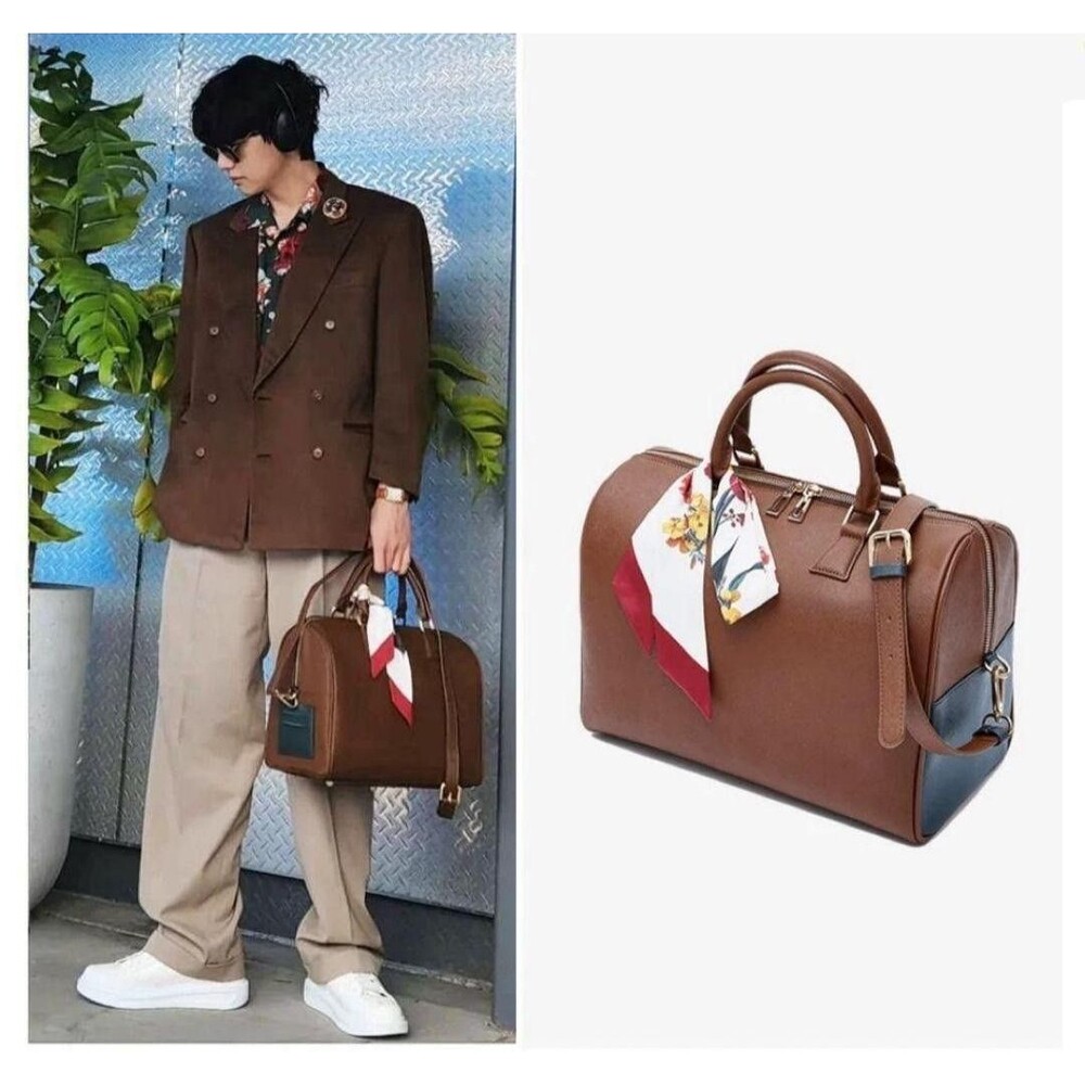 BTS Artist Made Collection V Taehyung Mute Boston Bag Brown W/ Scarf & Strap